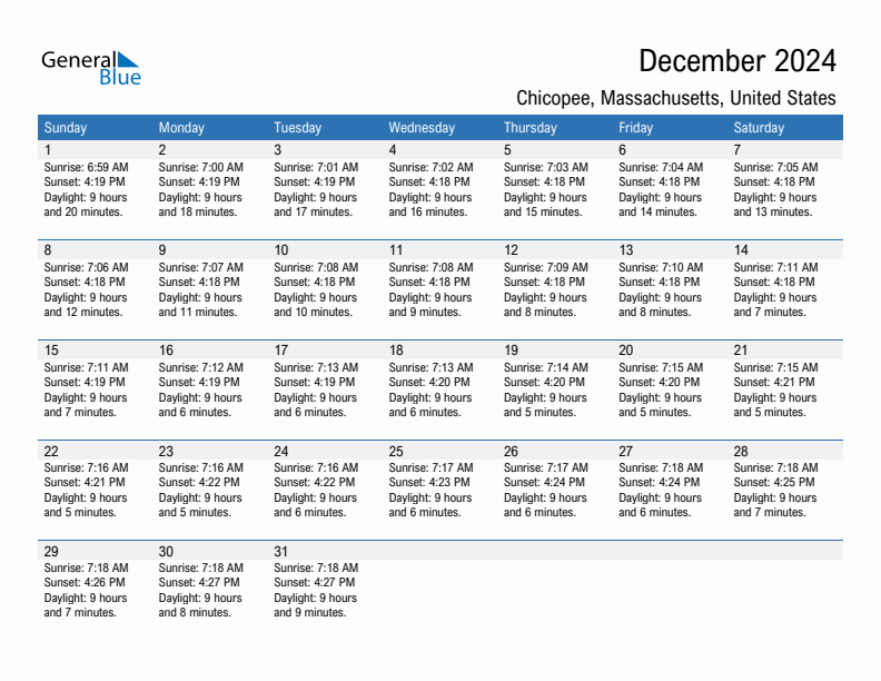 Chicopee December 2024 sunrise and sunset calendar in PDF, Excel, and Word