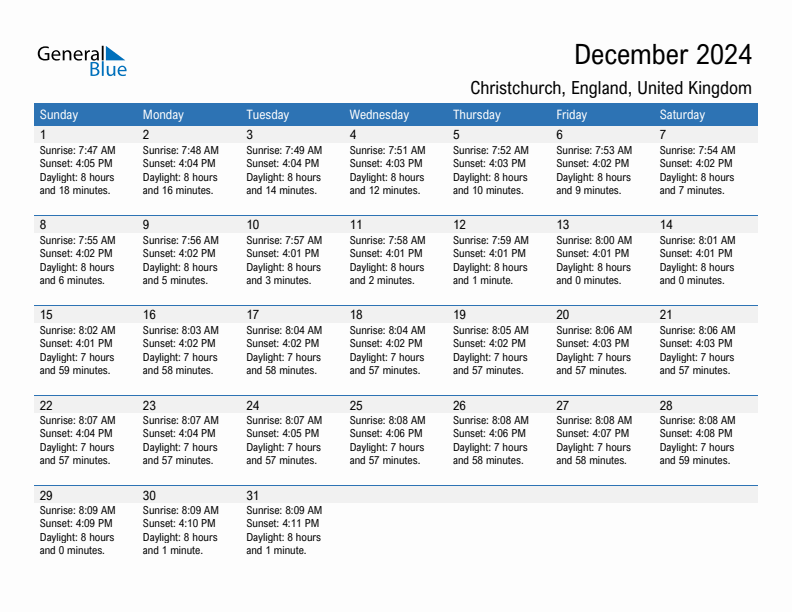 Christchurch December 2024 sunrise and sunset calendar in PDF, Excel, and Word