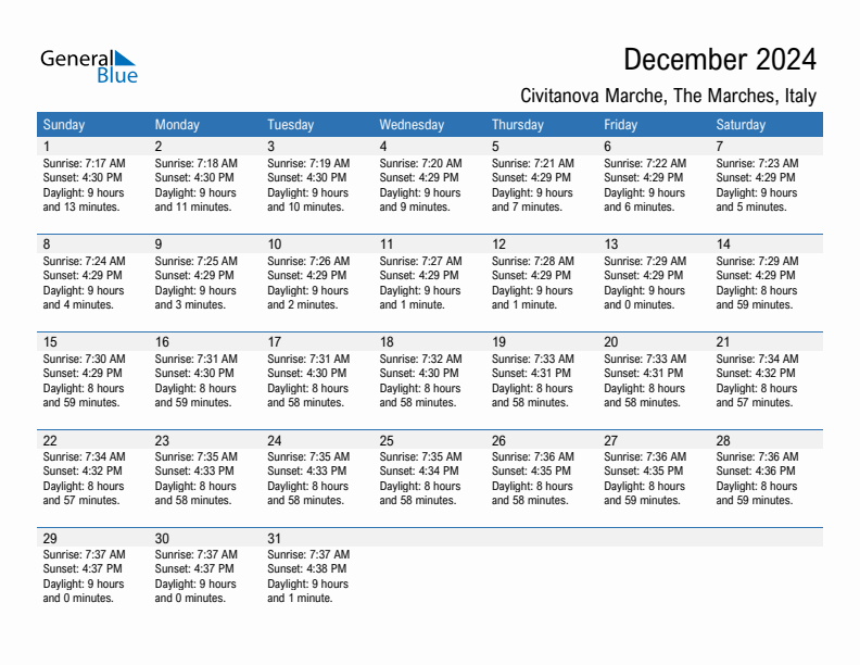 Civitanova Marche December 2024 sunrise and sunset calendar in PDF, Excel, and Word