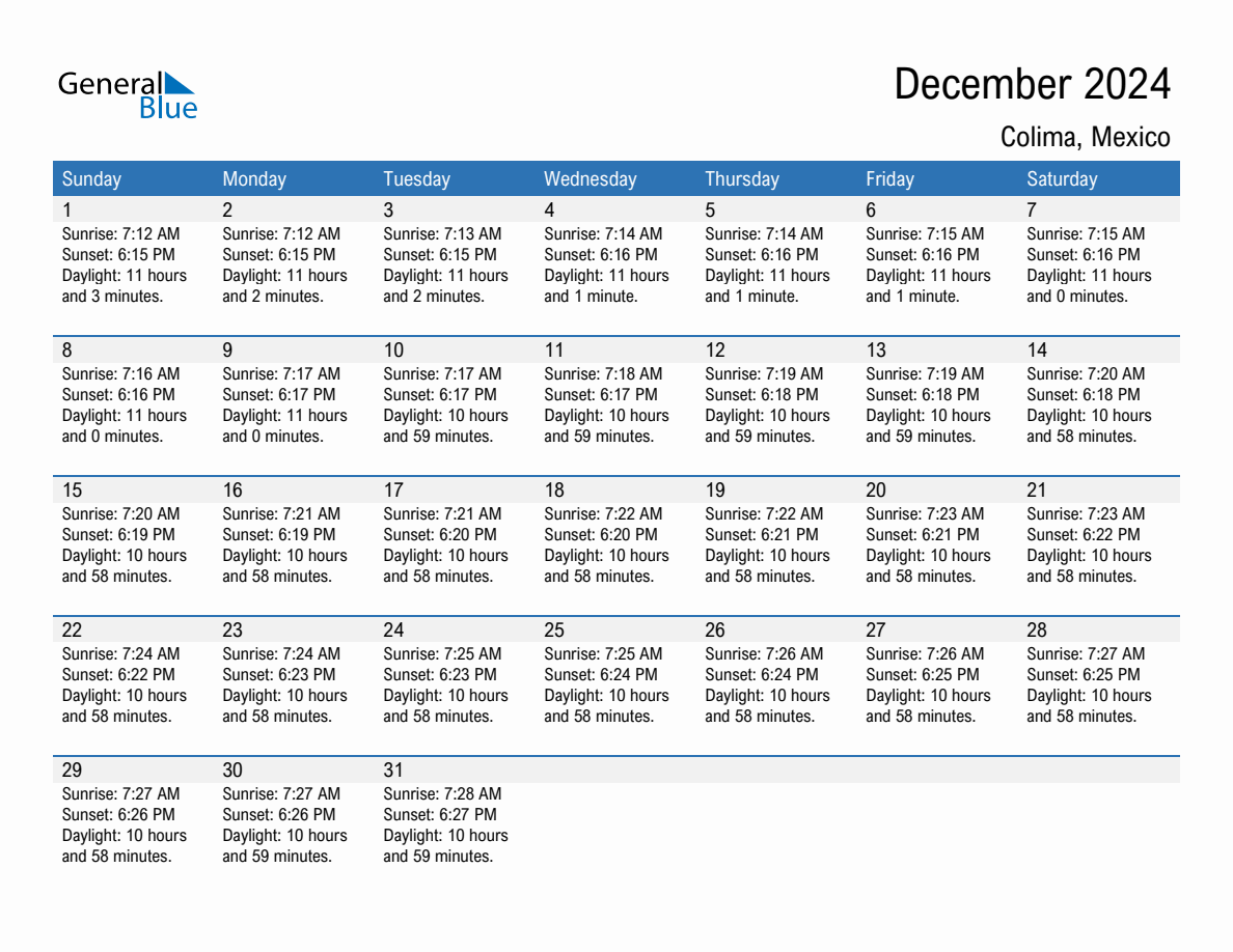 December 2024 sunrise and sunset calendar for Colima