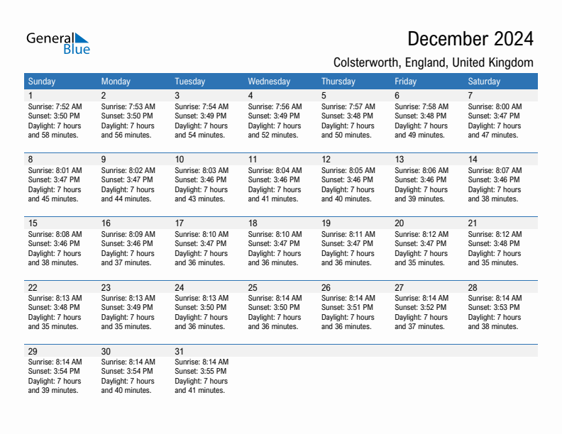 Colsterworth December 2024 sunrise and sunset calendar in PDF, Excel, and Word