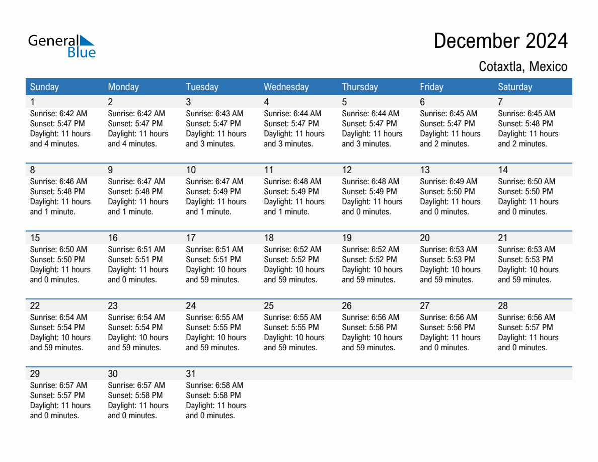 December 2024 sunrise and sunset calendar for Cotaxtla