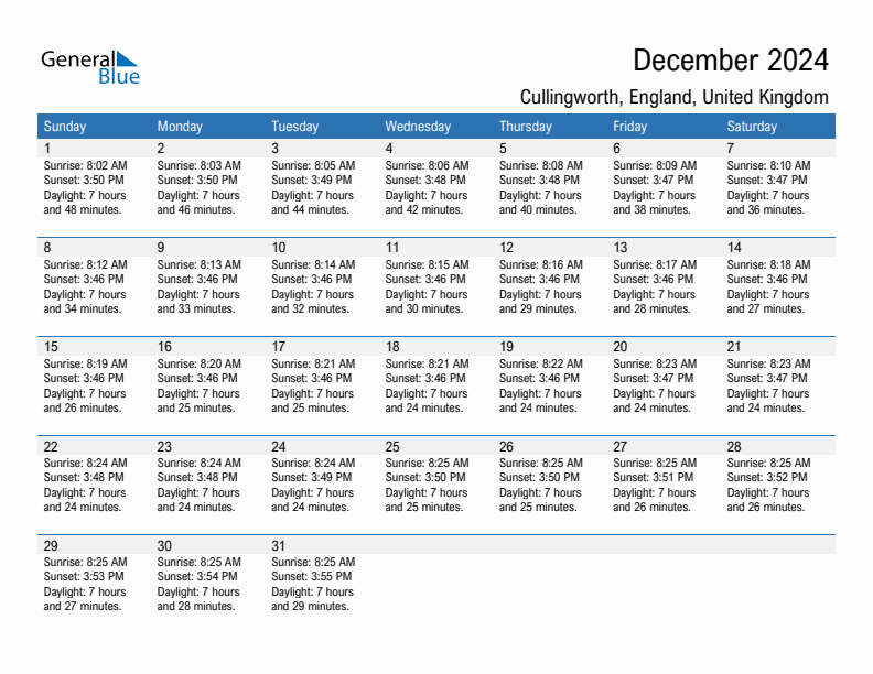 Cullingworth December 2024 sunrise and sunset calendar in PDF, Excel, and Word