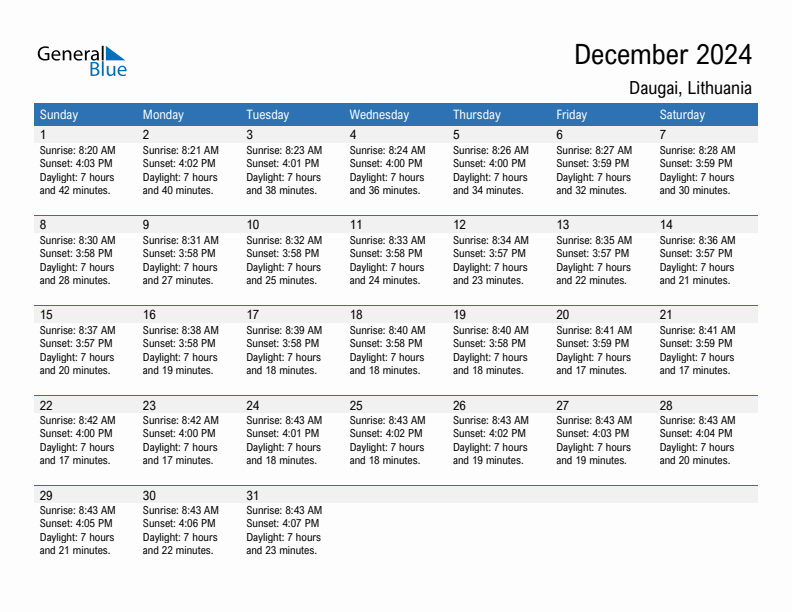 Daugai December 2024 sunrise and sunset calendar in PDF, Excel, and Word