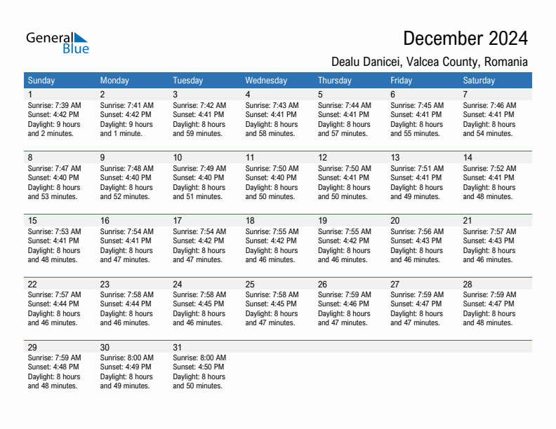 Dealu Danicei December 2024 sunrise and sunset calendar in PDF, Excel, and Word