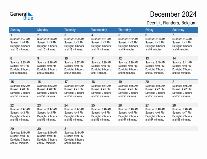 Deerlijk December 2024 sunrise and sunset calendar in PDF, Excel, and Word