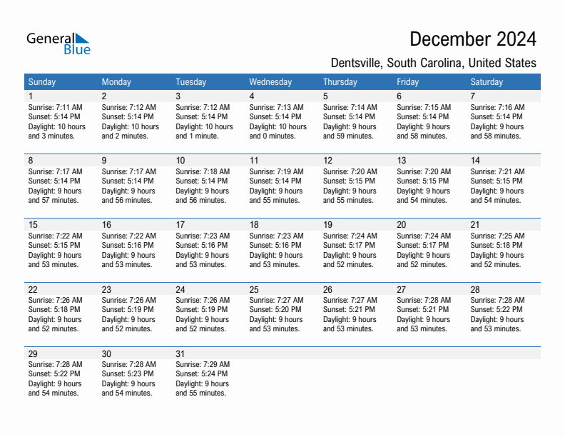 Dentsville December 2024 sunrise and sunset calendar in PDF, Excel, and Word