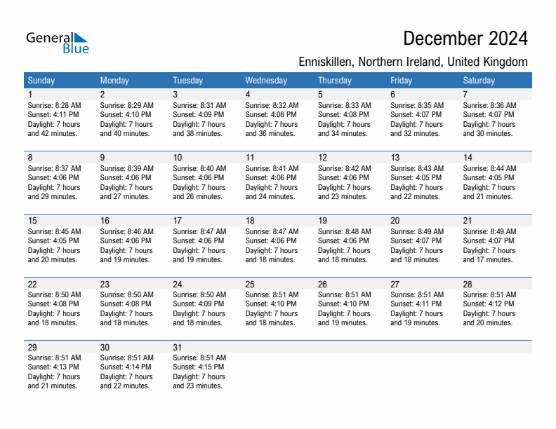 Enniskillen December 2024 sunrise and sunset calendar in PDF, Excel, and Word