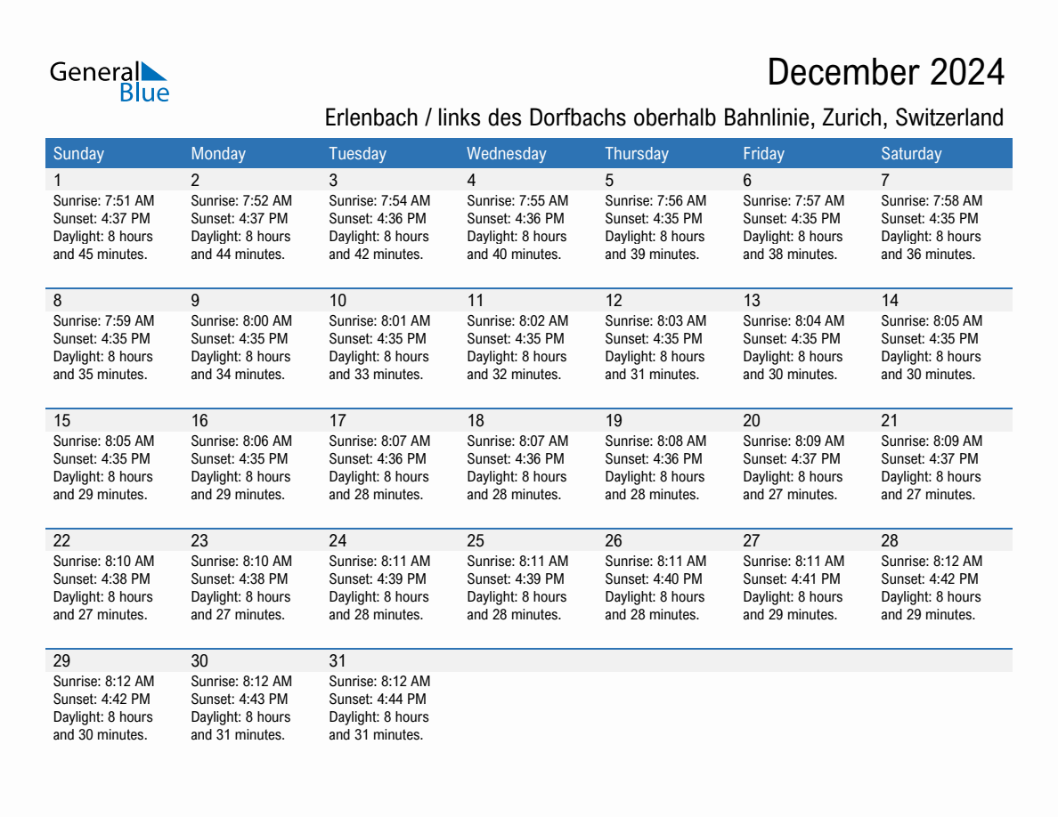 December 2024 sunrise and sunset calendar for Erlenbach / links des Dorfbachs oberhalb Bahnlinie