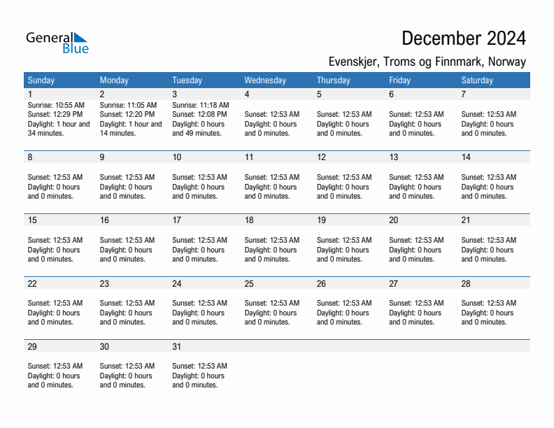 Evenskjer December 2024 sunrise and sunset calendar in PDF, Excel, and Word