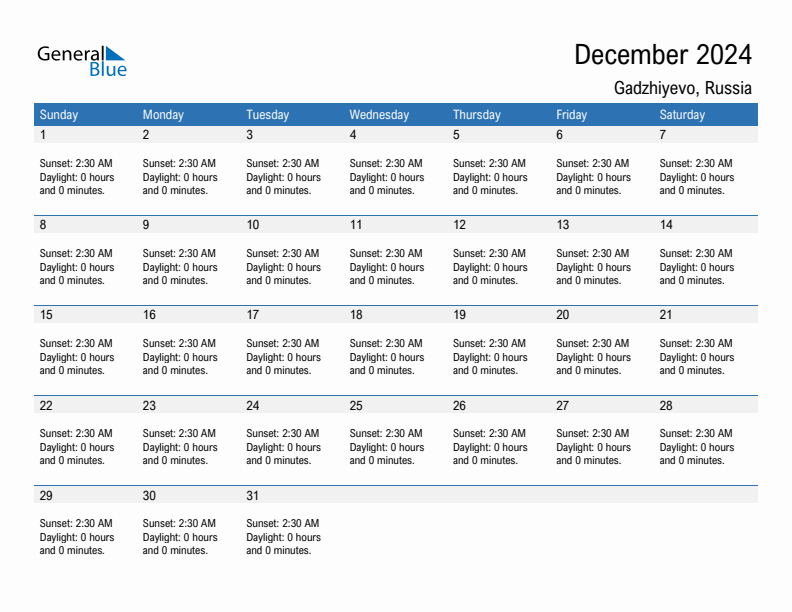 Gadzhiyevo December 2024 sunrise and sunset calendar in PDF, Excel, and Word