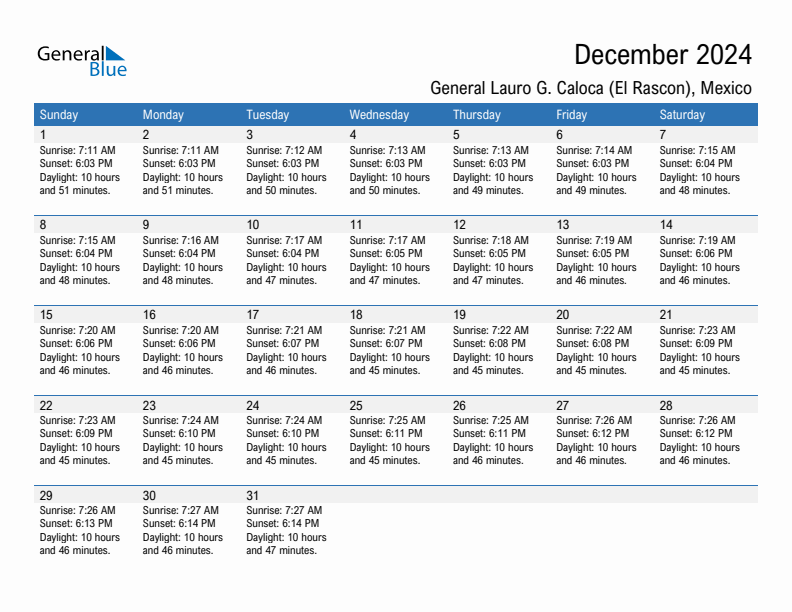 General Lauro G. Caloca (El Rascon) December 2024 sunrise and sunset calendar in PDF, Excel, and Word