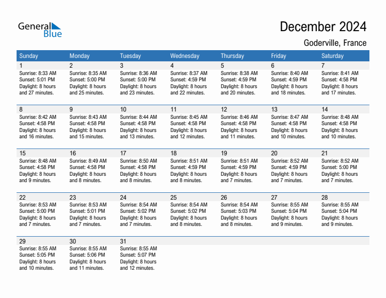 Goderville December 2024 sunrise and sunset calendar in PDF, Excel, and Word