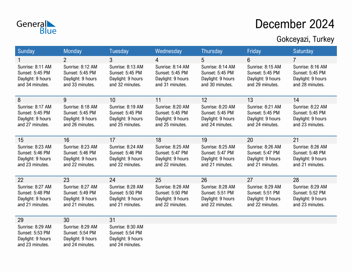 December 2024 sunrise and sunset calendar for Gokceyazi