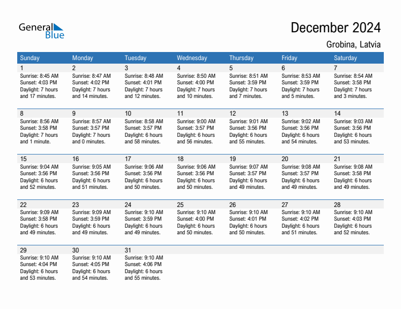 Grobina December 2024 sunrise and sunset calendar in PDF, Excel, and Word