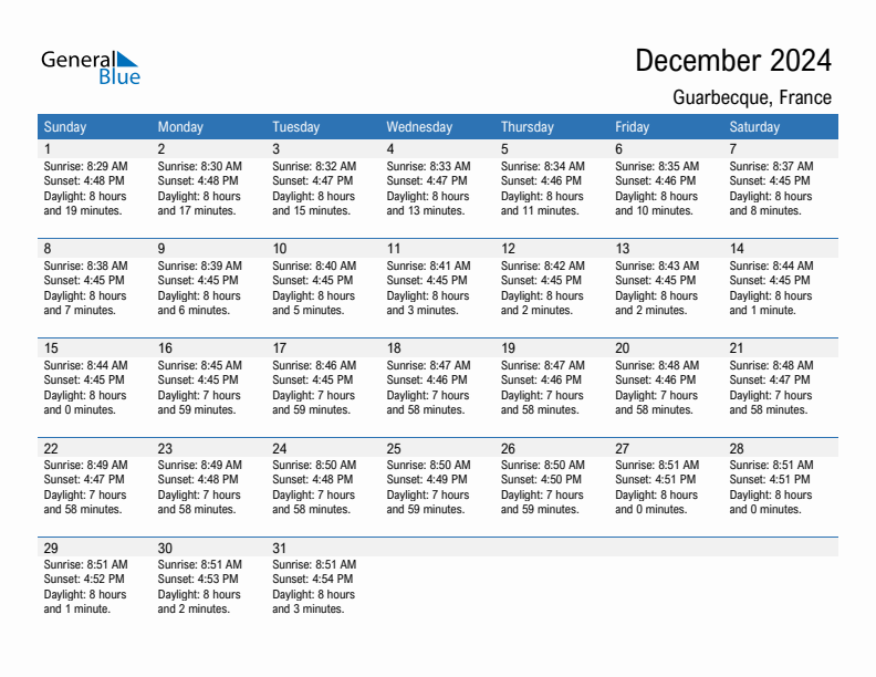 Guarbecque December 2024 sunrise and sunset calendar in PDF, Excel, and Word