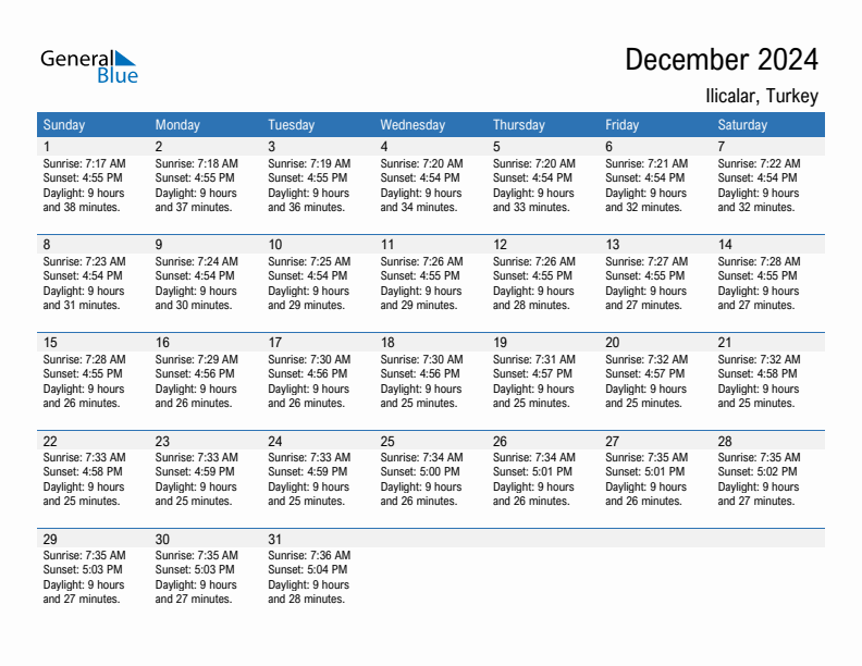 Ilicalar December 2024 sunrise and sunset calendar in PDF, Excel, and Word