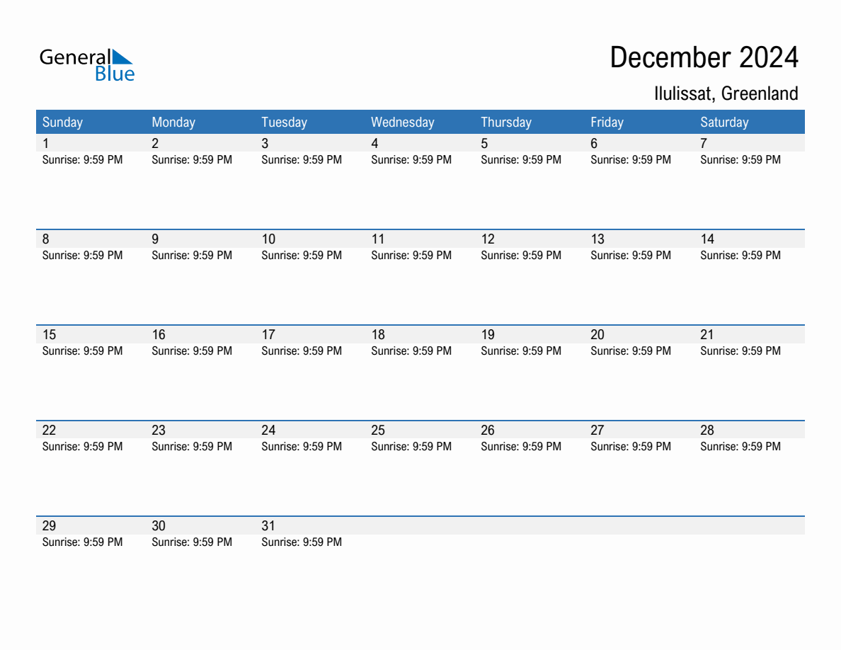 December 2024 sunrise and sunset calendar for Ilulissat