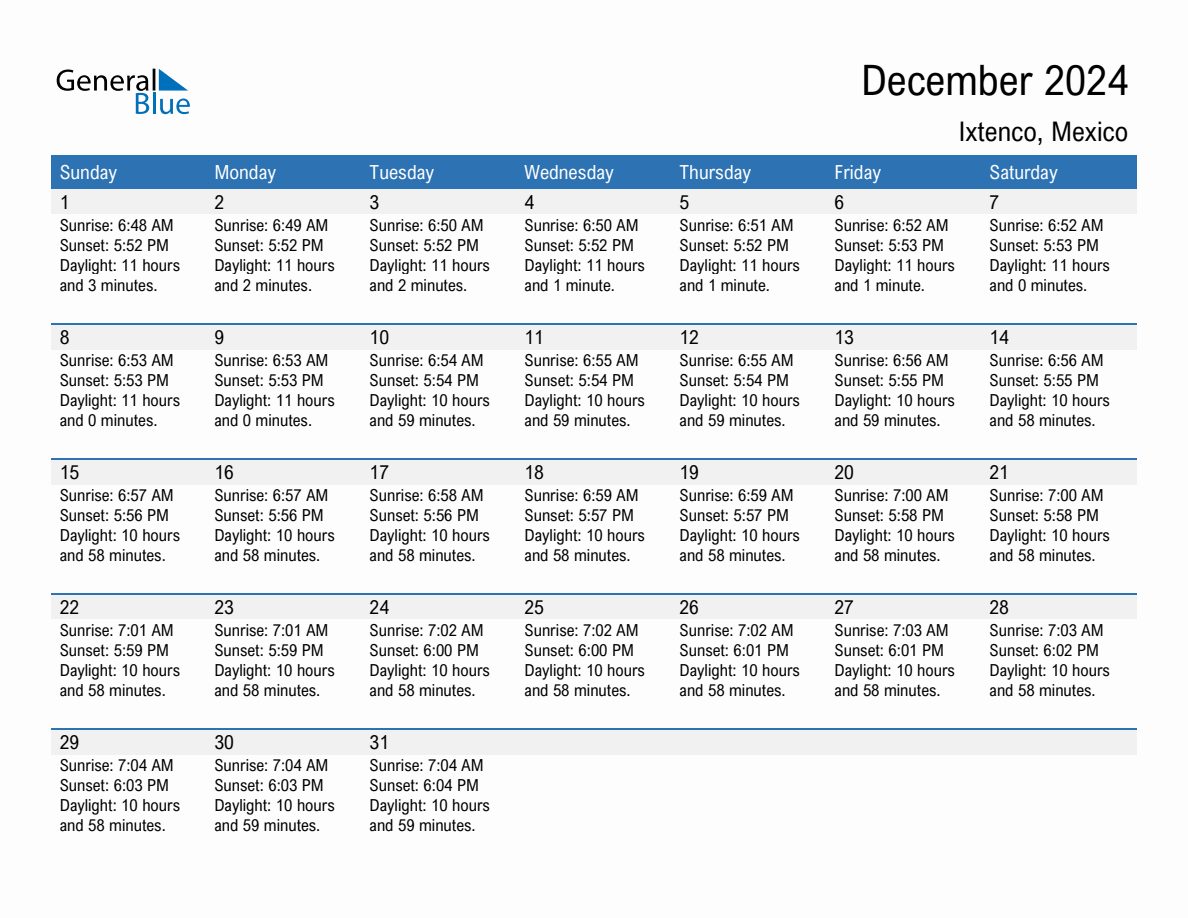 December 2024 sunrise and sunset calendar for Ixtenco