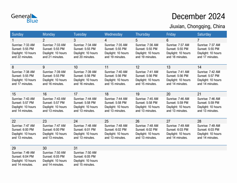 Jiuxian December 2024 sunrise and sunset calendar in PDF, Excel, and Word