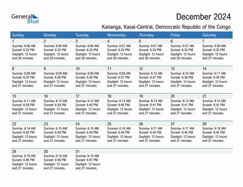 Kananga December 2024 sunrise and sunset calendar in PDF, Excel, and Word
