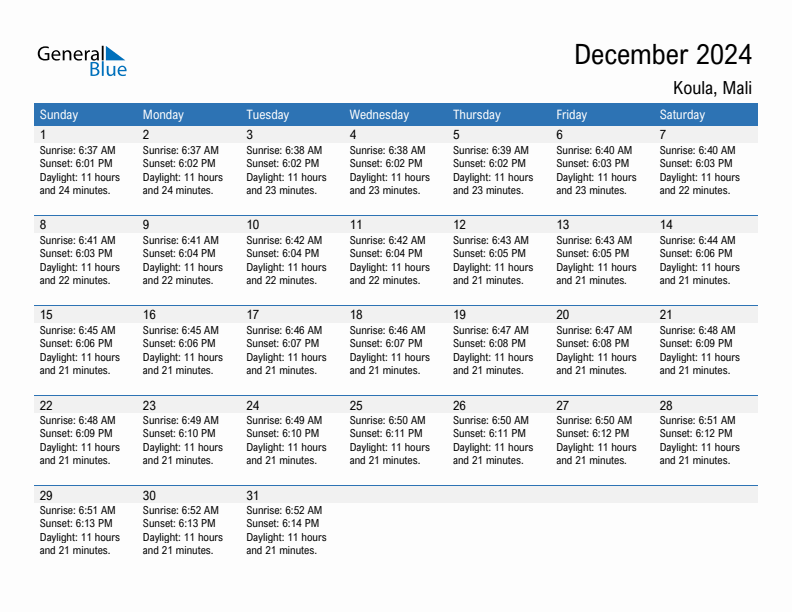 Koula December 2024 sunrise and sunset calendar in PDF, Excel, and Word