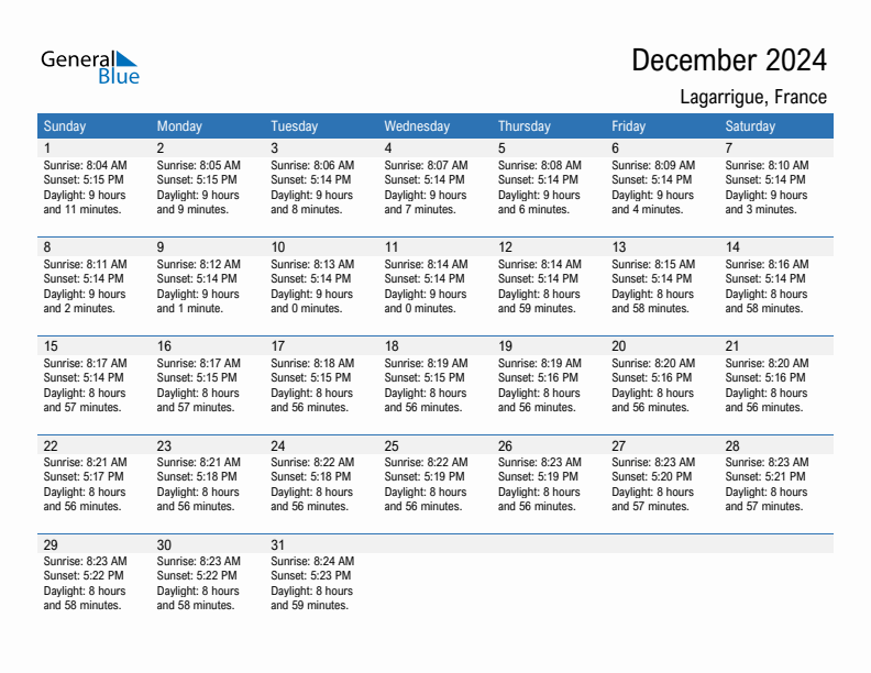 Lagarrigue December 2024 sunrise and sunset calendar in PDF, Excel, and Word