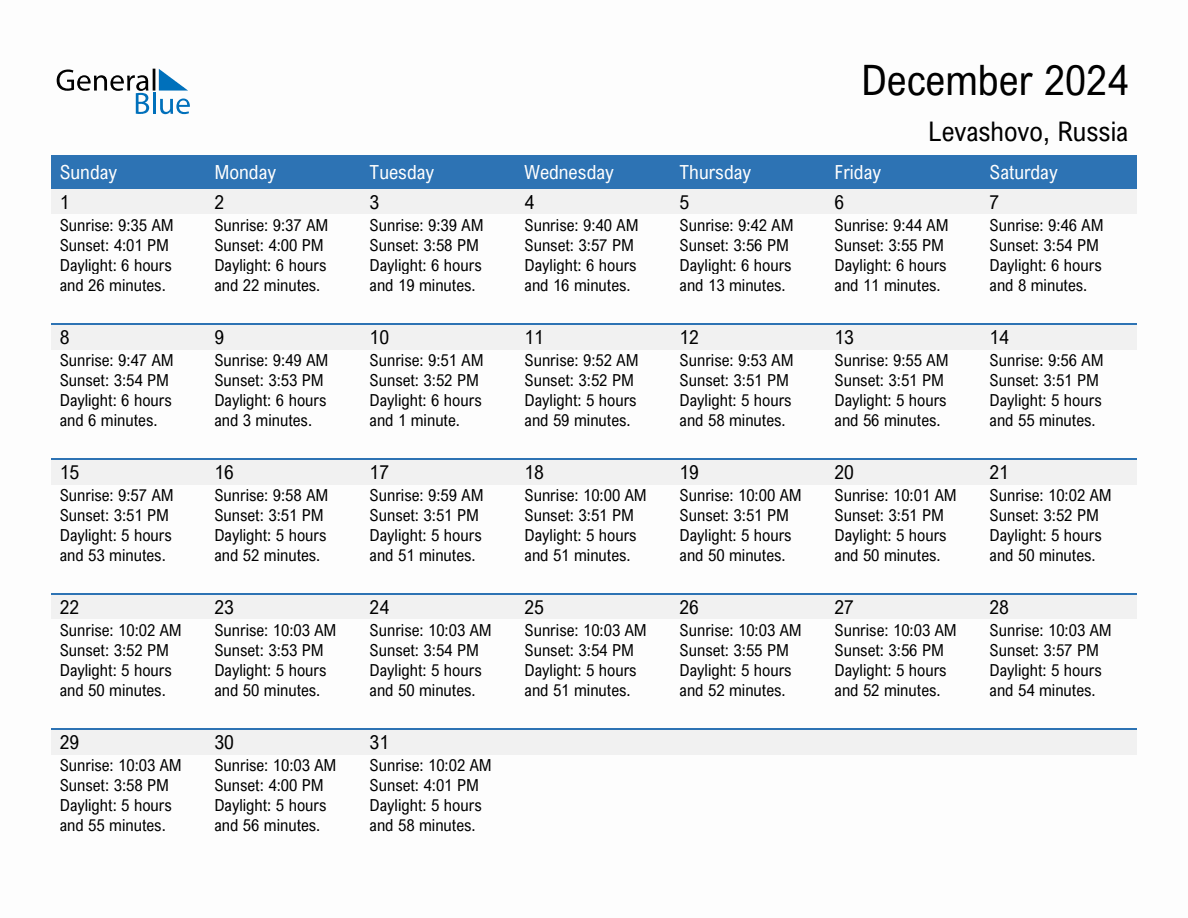 December 2024 sunrise and sunset calendar for Levashovo