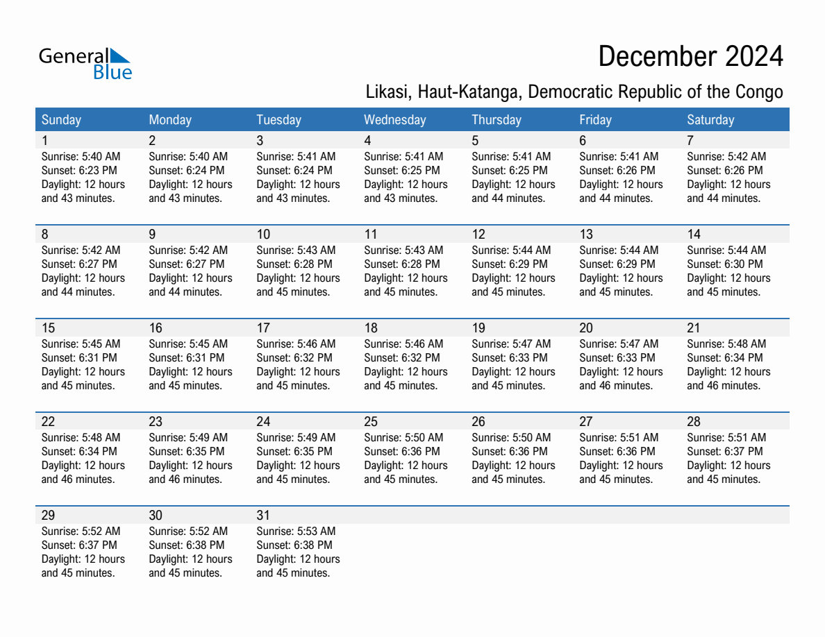 December 2024 sunrise and sunset calendar for Likasi