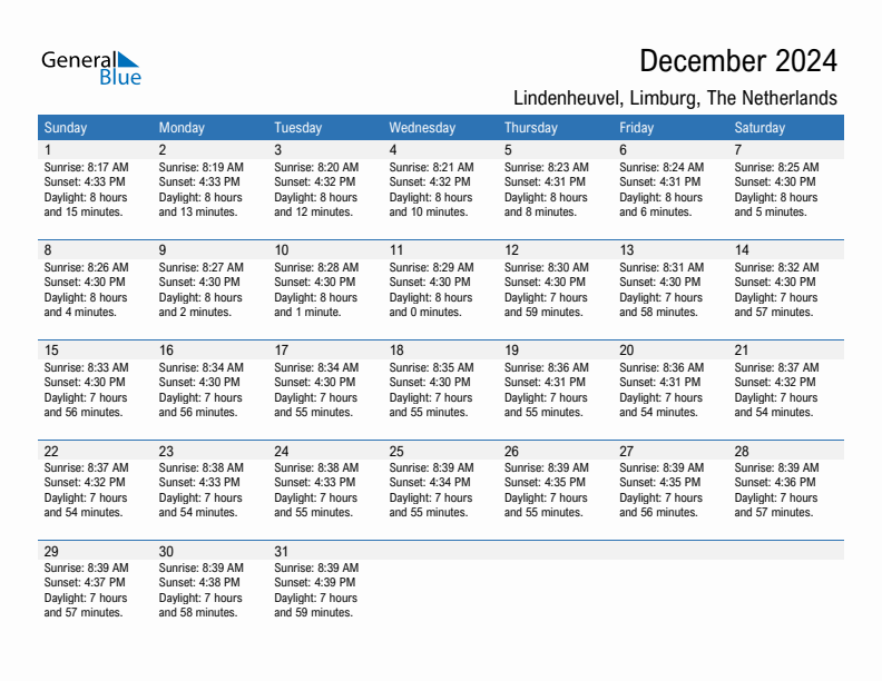 Lindenheuvel December 2024 sunrise and sunset calendar in PDF, Excel, and Word