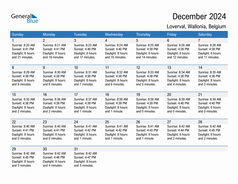 Loverval December 2024 sunrise and sunset calendar in PDF, Excel, and Word