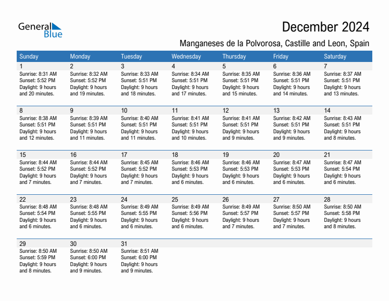 Manganeses de la Polvorosa December 2024 sunrise and sunset calendar in PDF, Excel, and Word