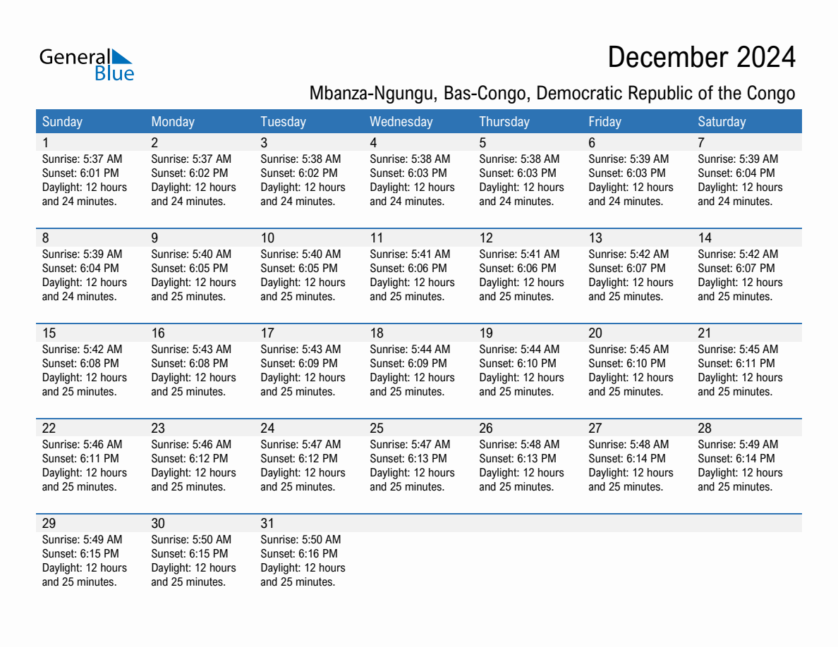 December 2024 sunrise and sunset calendar for Mbanza-Ngungu