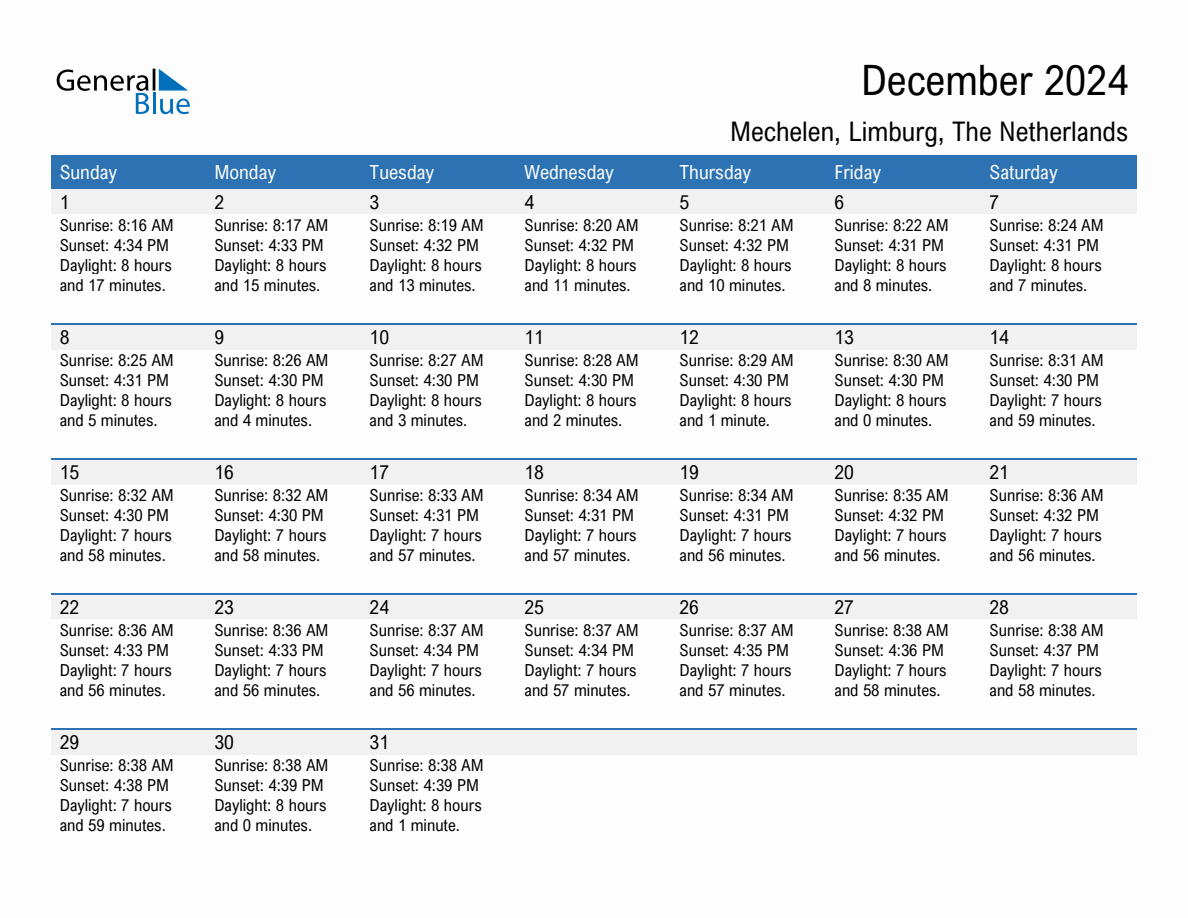 December 2024 sunrise and sunset calendar for Mechelen