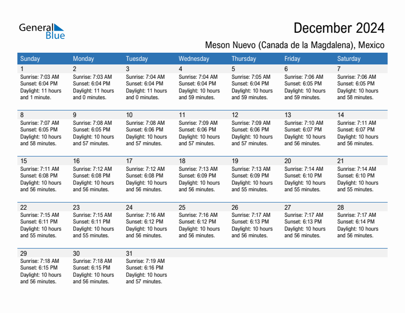 Meson Nuevo (Canada de la Magdalena) December 2024 sunrise and sunset calendar in PDF, Excel, and Word