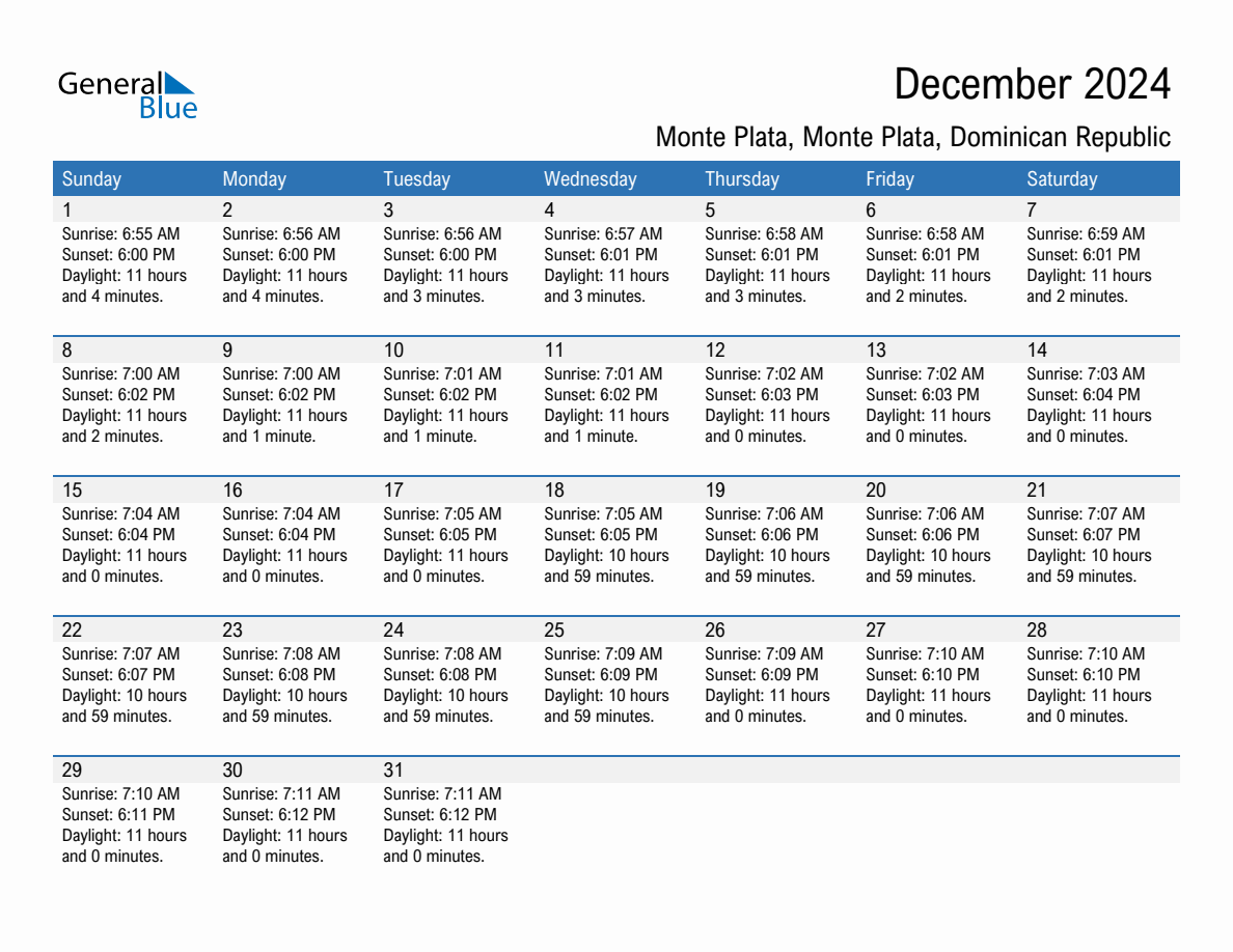 December 2024 sunrise and sunset calendar for Monte Plata