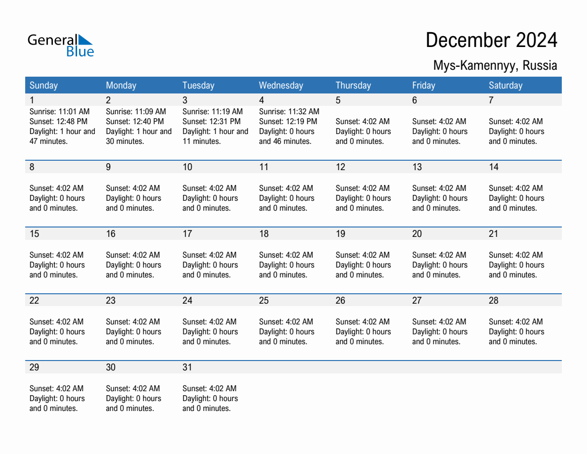 December 2024 sunrise and sunset calendar for Mys-Kamennyy