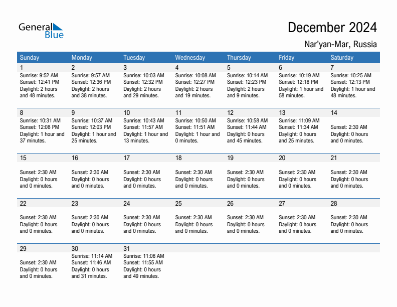 Nar'yan-Mar December 2024 sunrise and sunset calendar in PDF, Excel, and Word