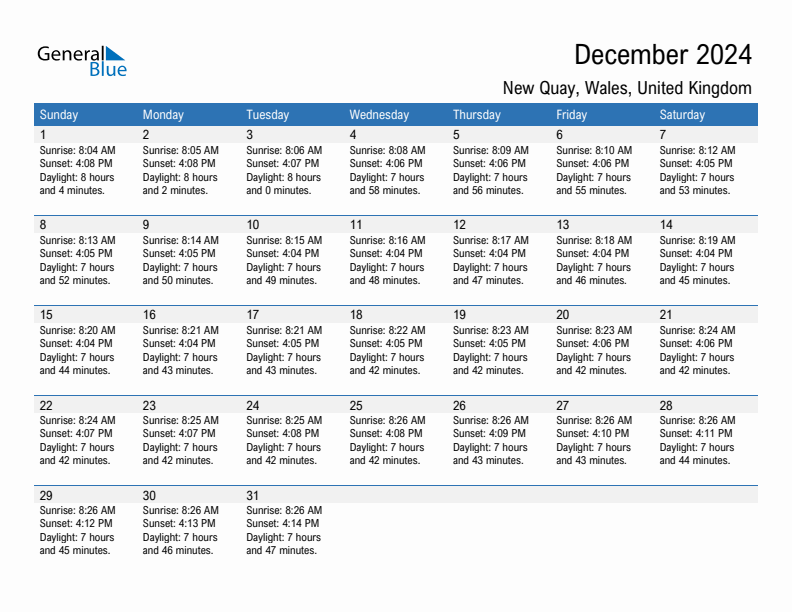 New Quay December 2024 sunrise and sunset calendar in PDF, Excel, and Word