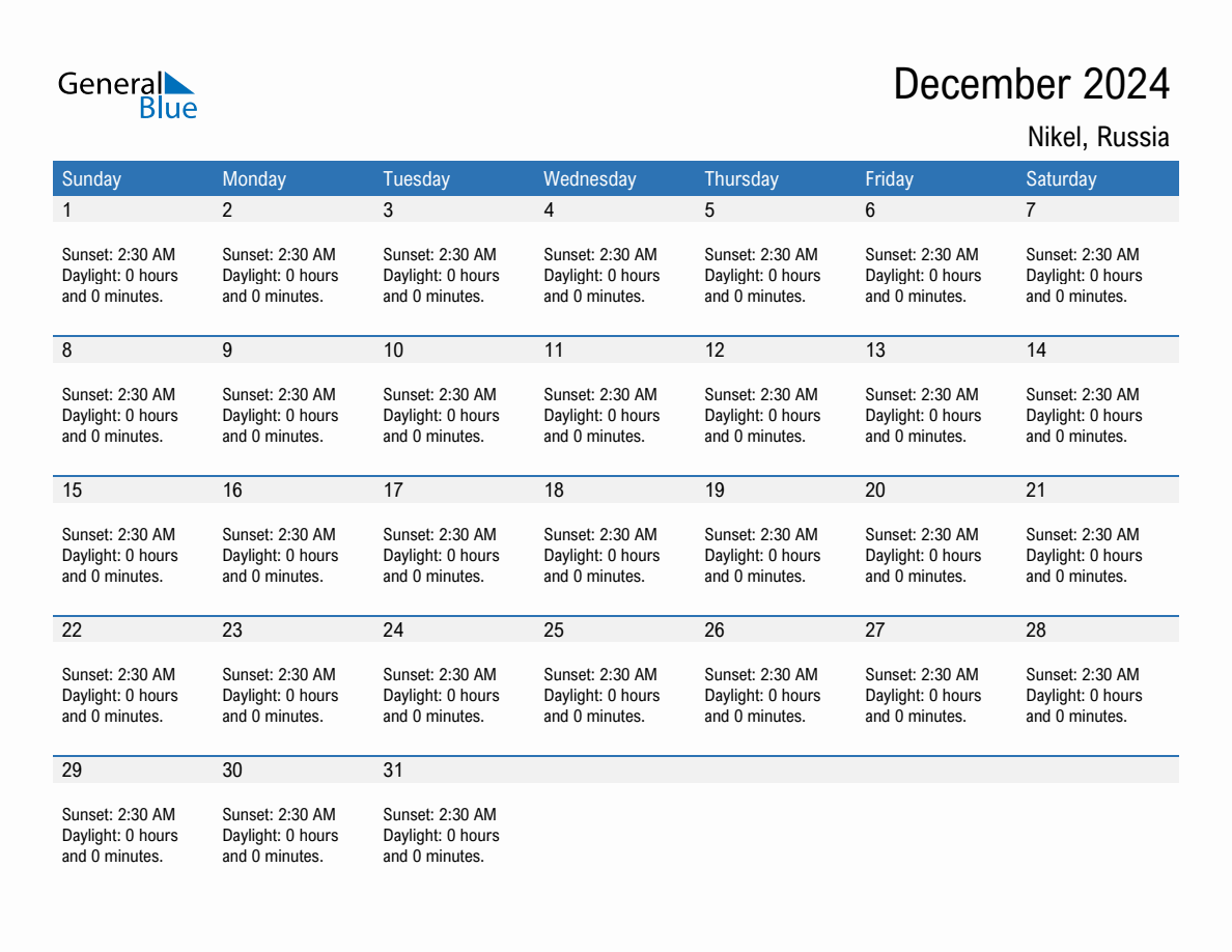 December 2024 sunrise and sunset calendar for Nikel