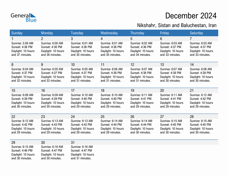 Nikshahr December 2024 sunrise and sunset calendar in PDF, Excel, and Word