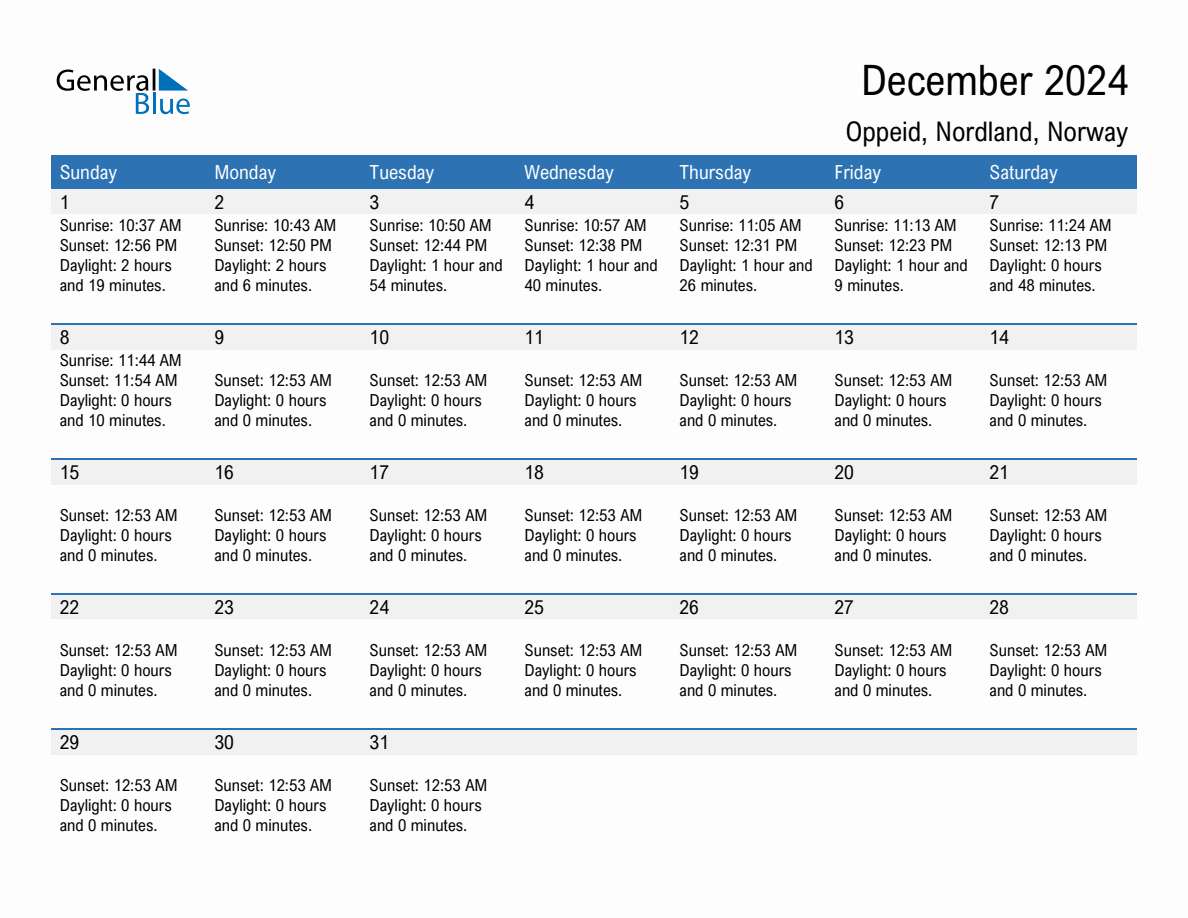 December 2024 sunrise and sunset calendar for Oppeid