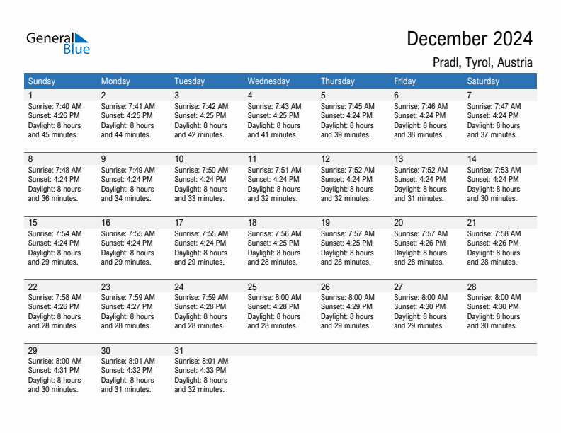 Pradl December 2024 sunrise and sunset calendar in PDF, Excel, and Word