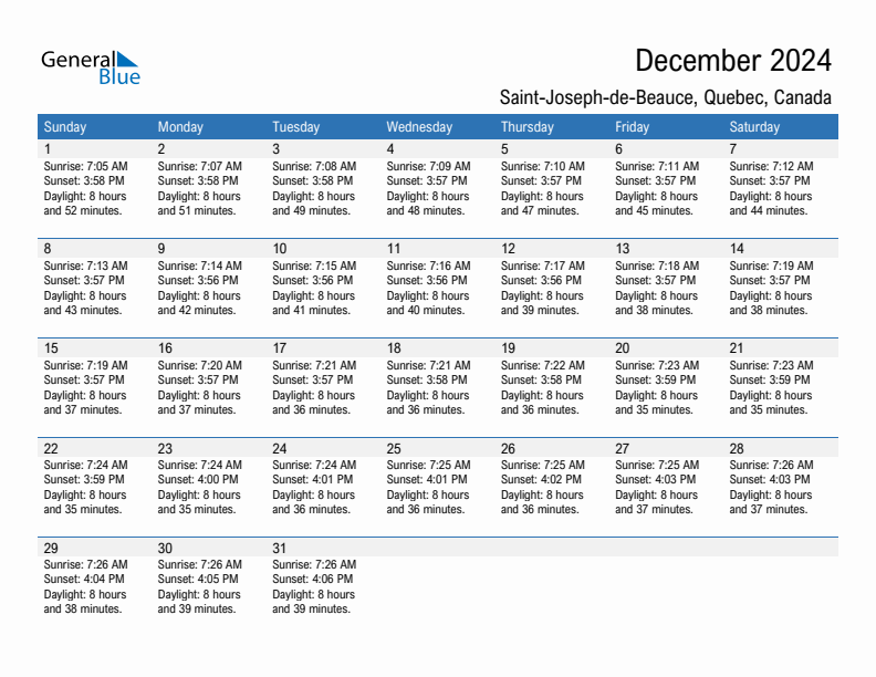 Saint-Joseph-de-Beauce December 2024 sunrise and sunset calendar in PDF, Excel, and Word