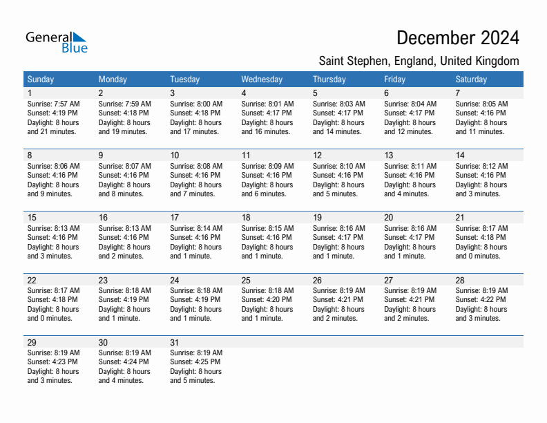 Saint Stephen December 2024 sunrise and sunset calendar in PDF, Excel, and Word