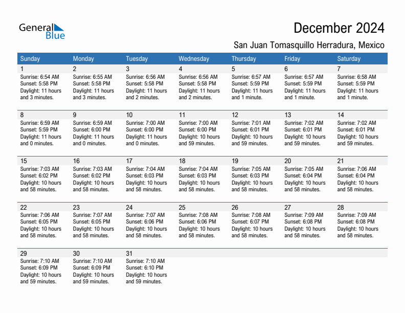 San Juan Tomasquillo Herradura December 2024 sunrise and sunset calendar in PDF, Excel, and Word