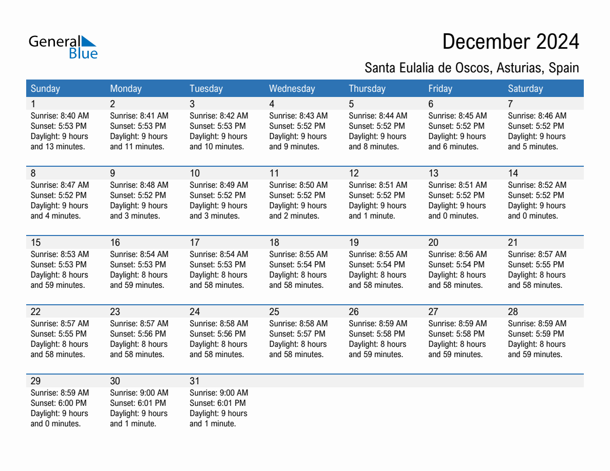 December 2024 sunrise and sunset calendar for Santa Eulalia de Oscos