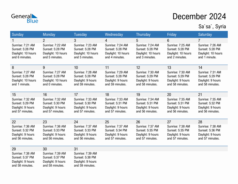 Sa`sa` December 2024 sunrise and sunset calendar in PDF, Excel, and Word