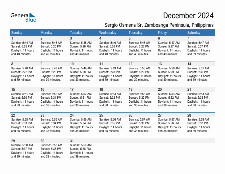 Sergio Osmena Sr December 2024 sunrise and sunset calendar in PDF, Excel, and Word