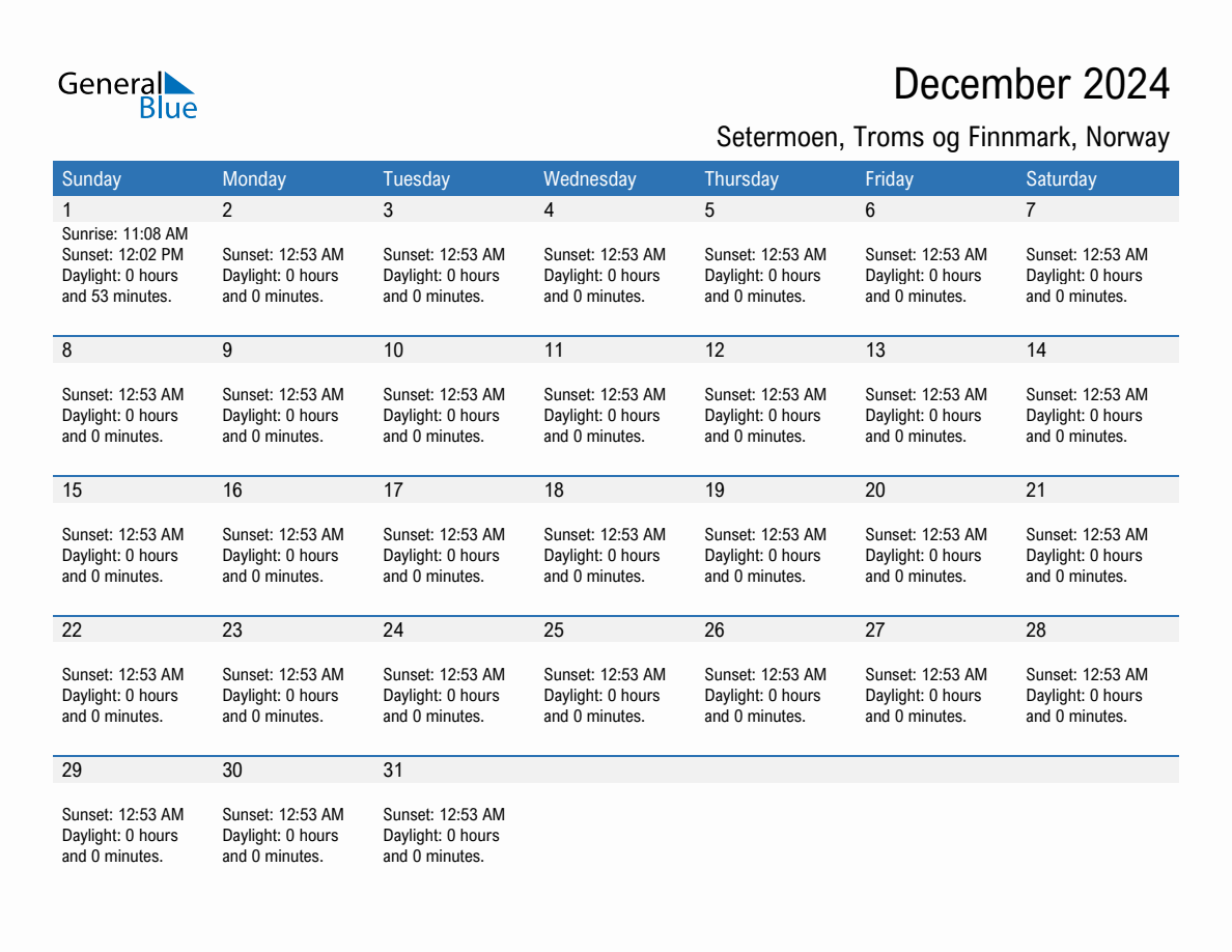 December 2024 sunrise and sunset calendar for Setermoen